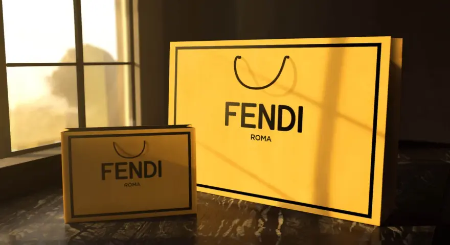 Due borse Fendi Roma, una grande e una piccola, illuminate dalla luce del sole che filtra da una finestra.