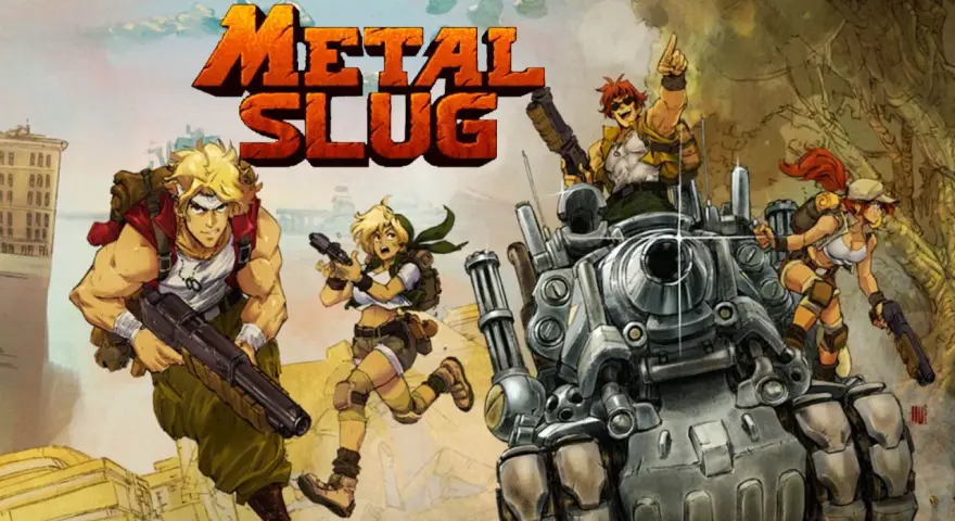 Personajes de Metal Slug corren y disparan junto a un tanque.
