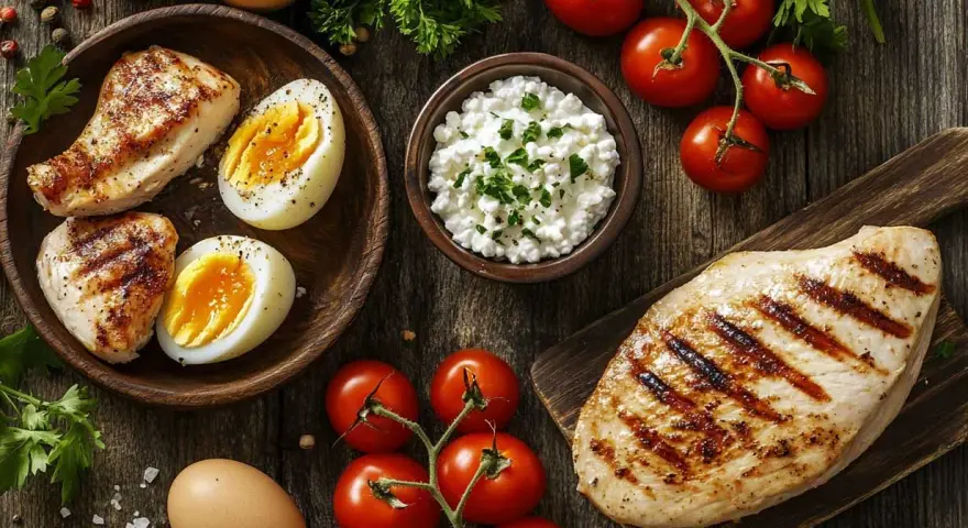 Grillad kyckling, ägg och keso – en bra grund för att veta hur mycket protein per måltid du behöver. Tomater och örter ger fräschör.