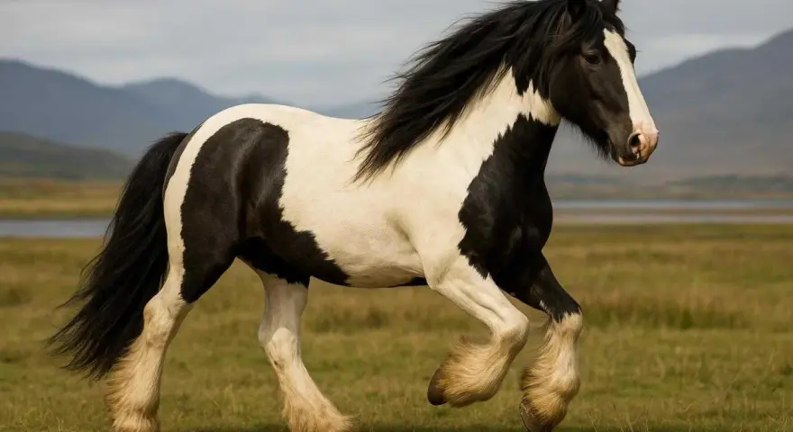 Un magnifique cheval cob gypsy pie noir et blanc galope dans un pré verdoyant, sa crinière au vent.