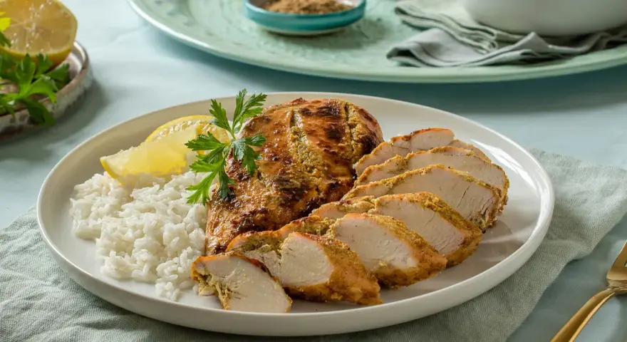 Sabroso pollo tandoori cortado en rodajas, servido con arroz blanco y una rodaja de limón.