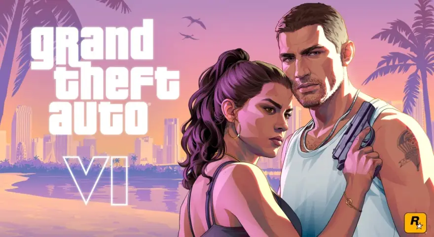 Pareja con arma en mano, fondo de ciudad y palmeras. ¡La espera para cuando sale GTA 6 se hace eterna!