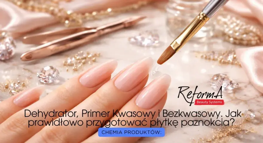 Dehydrator do paznokci co to jest? Dłonie z perfekcyjnym manicure, pędzelek z żelem i kryształki.