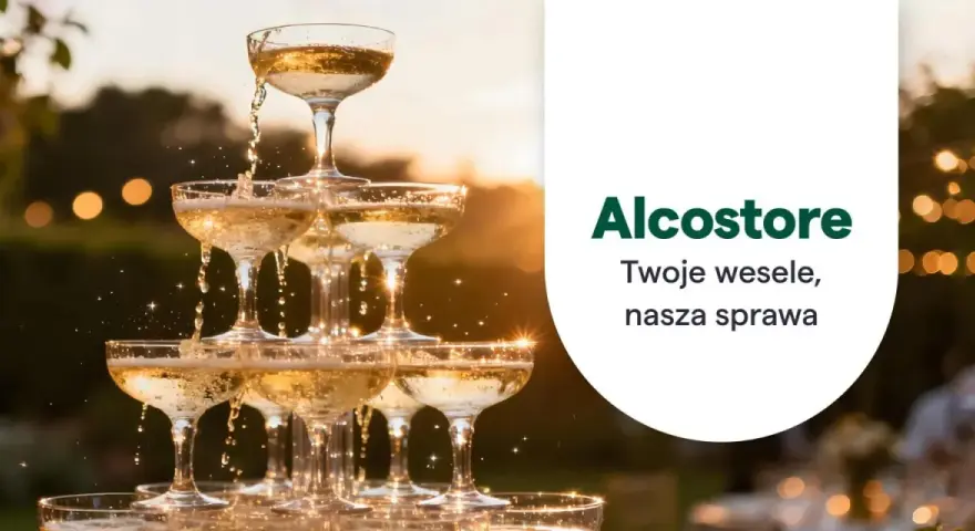 Wieża kieliszków z szampanem, idealna na wesele. Alcostore zadba o ten wyjątkowy wino na wesele.