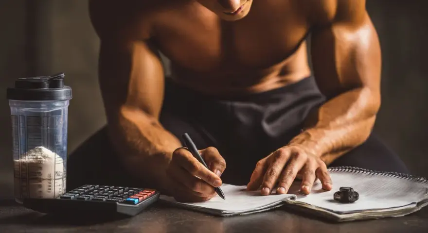 Un athlète calcule combien de protéine par jour il doit consommer, avec un shaker de poudre, une calculatrice et un carnet.