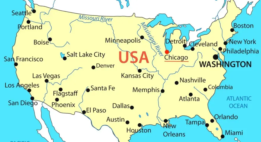 Mapa USA z zaznaczonym Chicago. Miasto leży nad jeziorem Michigan, na północny zachód od Waszyngtonu.