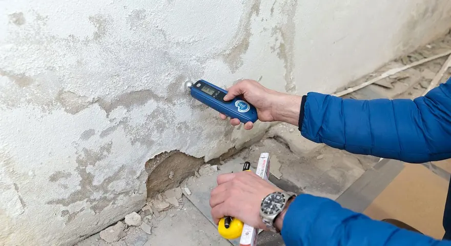 Feuchtemessung an einer Wand. Die isotec kosten pro qm hängen vom Ausmaß des Schadens ab.