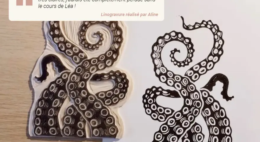 Témoignage sur un cours beaux-arts en ligne gratuit. Une linogravure de tentacules d'une pieuvre, réalisée par Aline.