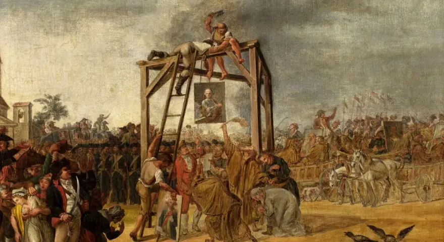 Scena z targowicy: wisielec, tłum, karoce i portret. Dramatyczne wydarzenie historyczne.
