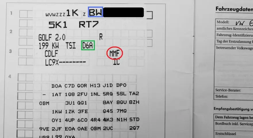 Fahrzeugdatenblatt mit VW Getriebecode Liste. Zeigt u.a. die Kennzeichen BW, D6A und MMF.