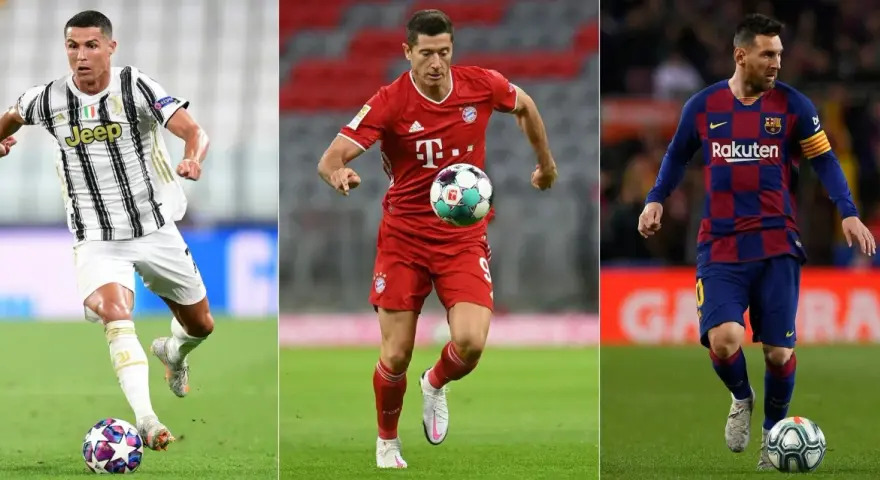 Trzej kandydaci do tytułu piłkarz roku FIFA: Cristiano Ronaldo, Robert Lewandowski i Leo Messi w akcji na boisku.