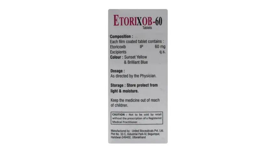 Opakowanie leku Etorixob-60, zawierającego 60 mg etoricoxibu. Przechowywać z dala od światła i wilgoci.