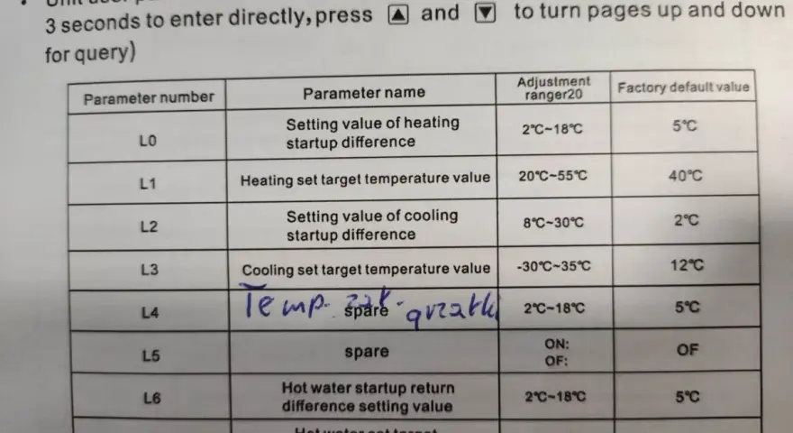 Tabela parametrów pompy ciepła Nulite. Instrukcja zawiera ustawienia różnicowe i temperatury docelowe.