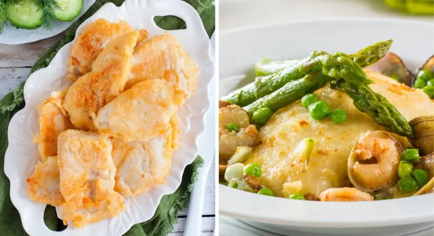 Dos platos de merluza: rebozada con pepino y enharinada con espárragos y guisantes. ¡Ideas para recetas con merluza congelada!