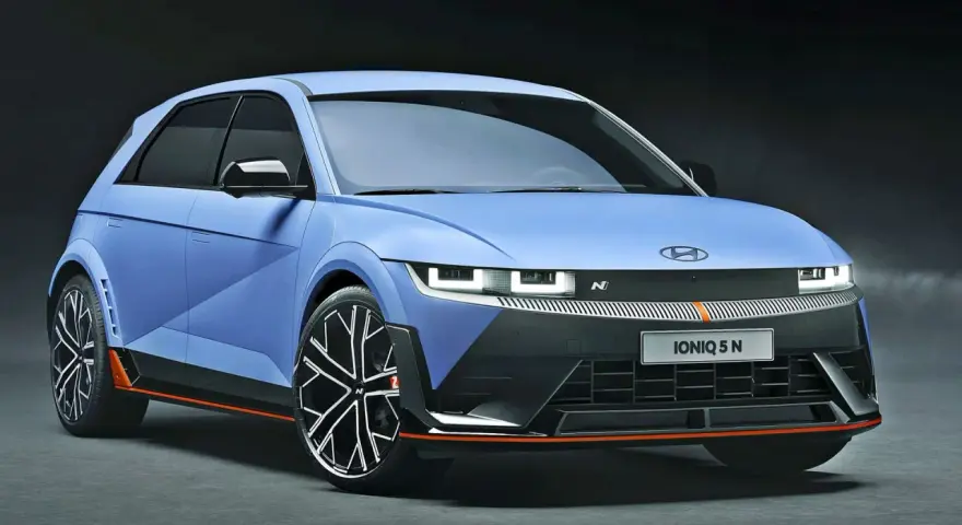 Niebieski Hyundai Ioniq 5 N z pomarańczowymi akcentami i sportowymi felgami.