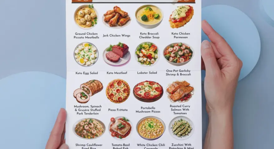 Post przerywany jadłospis: menu keto z różnorodnymi daniami, od klopsików z kurczaka po pieczonego łososia.