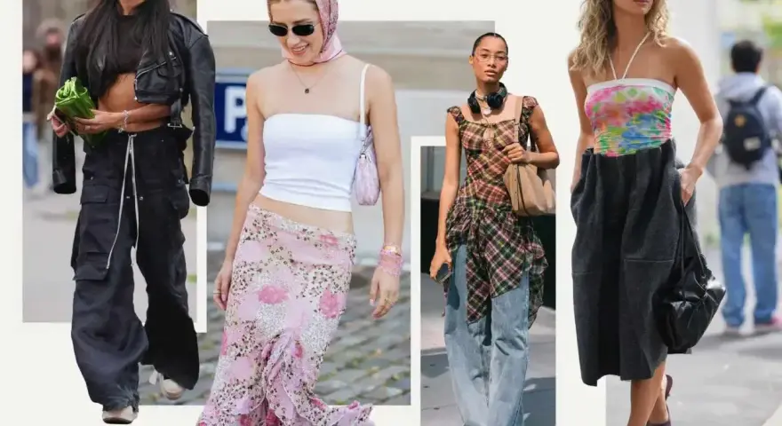 Stylizacje inspirowane y2k: skórzana kurtka, kwiecista spódnica, krata i kolorowy top.