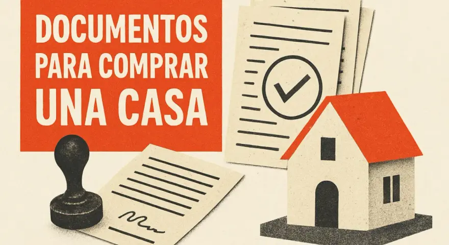 Documentos para comprar una casa: una casa de juguete, papeles con un visto bueno y un sello.