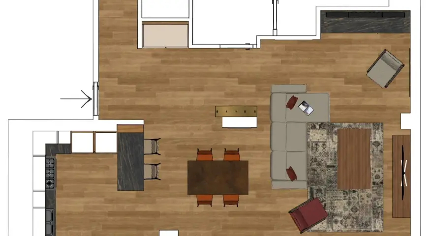 Progetto di una casa 60 mq open space con cucina moderna, zona pranzo e soggiorno accogliente con divano angolare e tappeto decorativo.