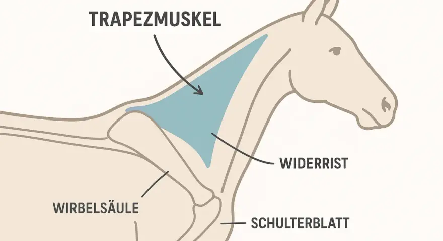 Schema der Pferdemuskulatur: Trapezmuskel, Widerrist, Schulterblatt und Wirbelsäule sind hervorgehoben.