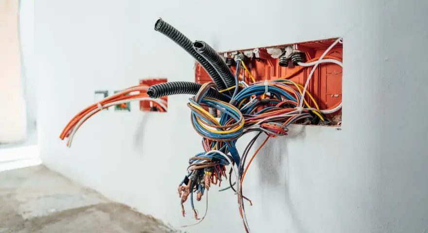 Un groviglio di cavi elettrici dai vivaci colori fase emerge da una scatola arancione incassata nel muro, pronto per essere collegato.