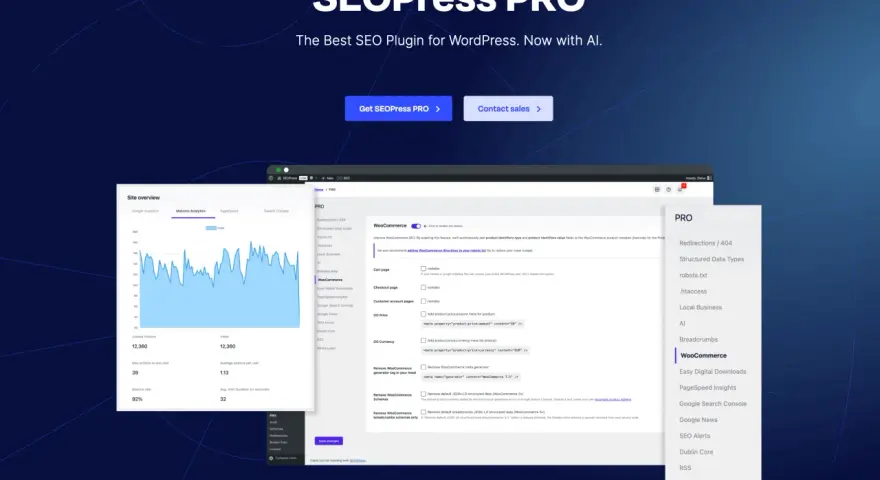 Le programme SEO de SEOPress PRO optimise votre site WordPress, avec des analyses de trafic et des réglages pour WooCommerce.