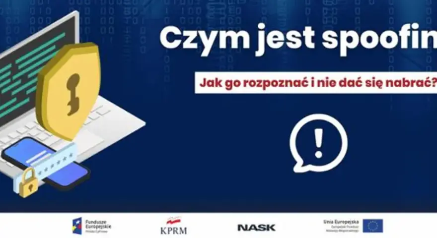 Czym jest spoofing? Grafika pokazuje laptop, telefon i tarczę z kluczem, symbolizujące bezpieczeństwo. Podkreśla, jak rozpoznać i unikać oszustw.
