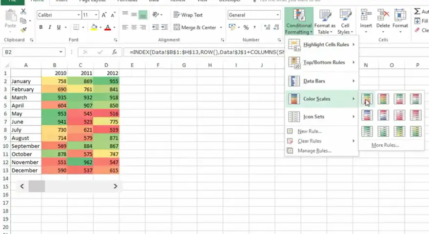 Visualizzazione di un piano di concimazione Excel con scale di colori per i dati.