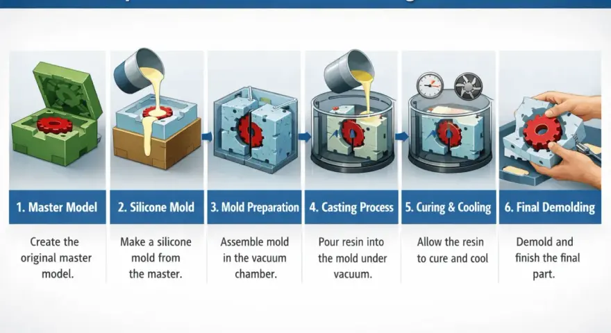 Steps of vacuum casting: master model, silicone mold creation, mold prep, resin pouring, curing, and final demolding.