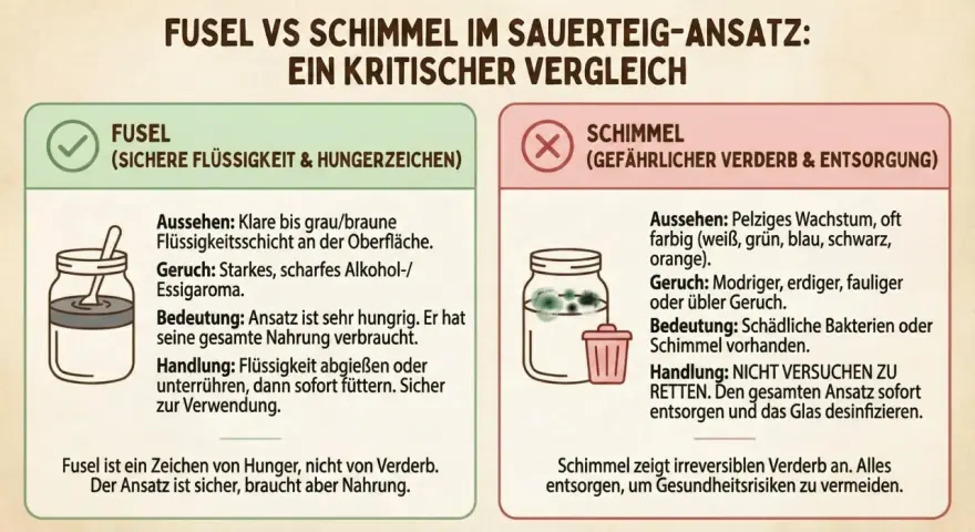 Fusel im Sauerteig riecht scharf, wie Alkohol/Essig. Das ist ein Zeichen von Hunger, nicht von Verderb. Der Ansatz ist sicher.