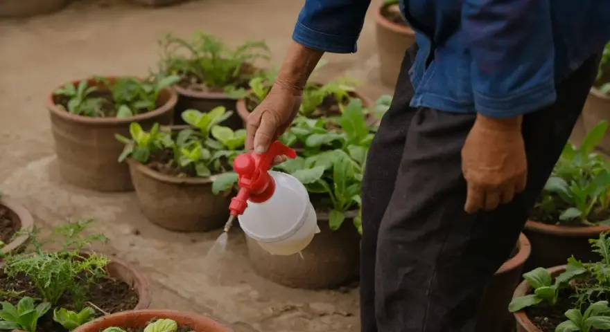 Persona rocía sus plantas con jabón potásico para protegerlas.