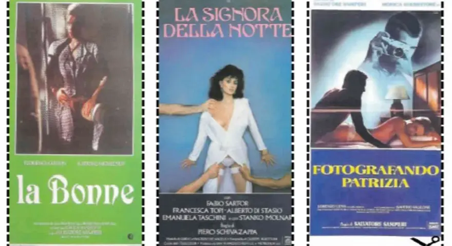 Locandine di film erotico italiano: "La Bonne", "La Signora della Notte" e "Fotografando Patrizia".
