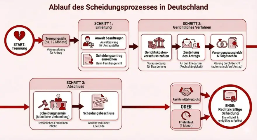 Nach dem Trennungsjahr (ca. 12 Monate) kann man sich scheiden lassen. Der Prozess beinhaltet Einleitung, gerichtliches Verfahren und Abschluss.