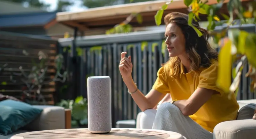 Frau spricht mit einem Smart Speaker im Garten. Sie verbindet ihr Gerät und genießt die Musik.