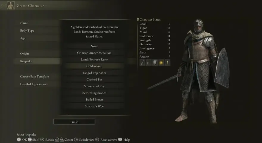 Creando personaje en Elden Ring. El mejor recuerdo es el "Golden Seed", un objeto inicial que ayuda a mejorar las Frascos Sagrados.