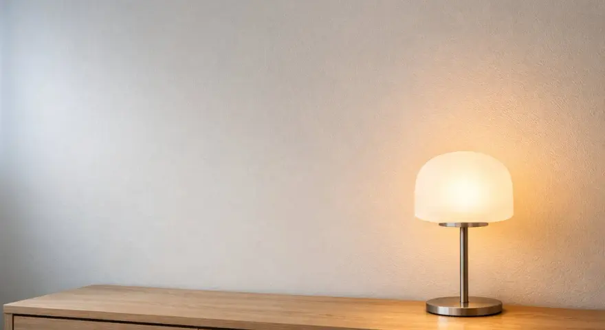 En stilren lila lampa lyser upp en träbyrå mot en texturerad vägg.