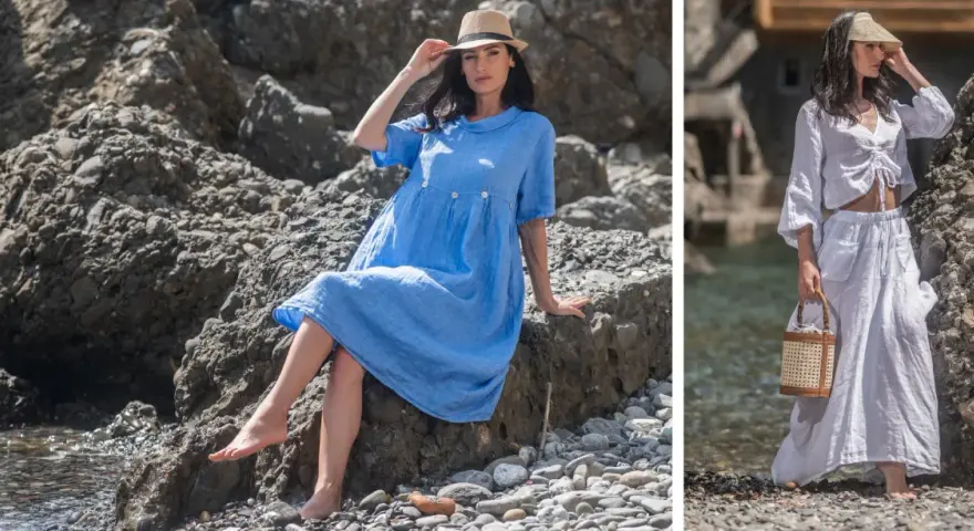 Modelli ispirano su come vestirsi per andare al mare: abito azzurro e completo bianco in lino, perfetti per la spiaggia.