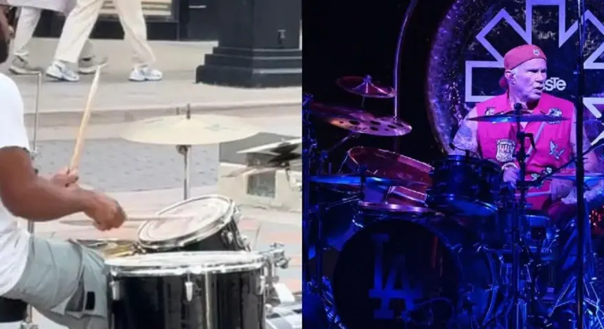 Perkusista Red Hot Chili Peppers na scenie i uliczny muzyk grający na bębnach.
