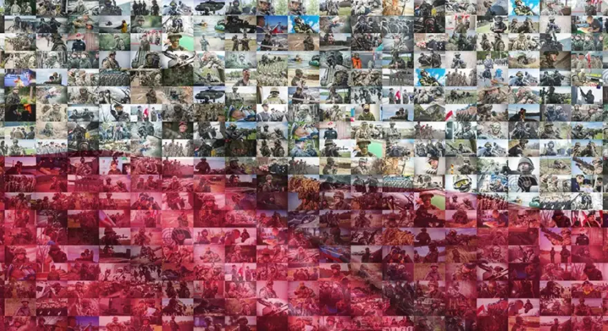 Siatka zdjęć żołnierzy w mundurach, tworząca mozaikę przypominającą flagę Zjednoczonych Emiratów Arabskich.