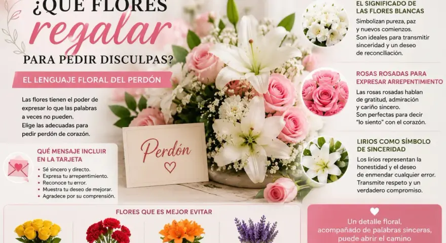 Un ramo de flores para pedir perdón, con rosas rosadas y lirios blancos, simboliza sinceridad y arrepentimiento.