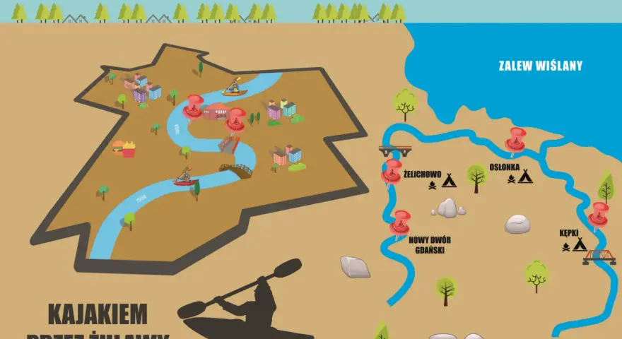 Mapa szlaków kajakowych w Gminie Nowy Dwór Gdański, ukazująca rzekę Tuga, przystanie i miejsca biwakowe.