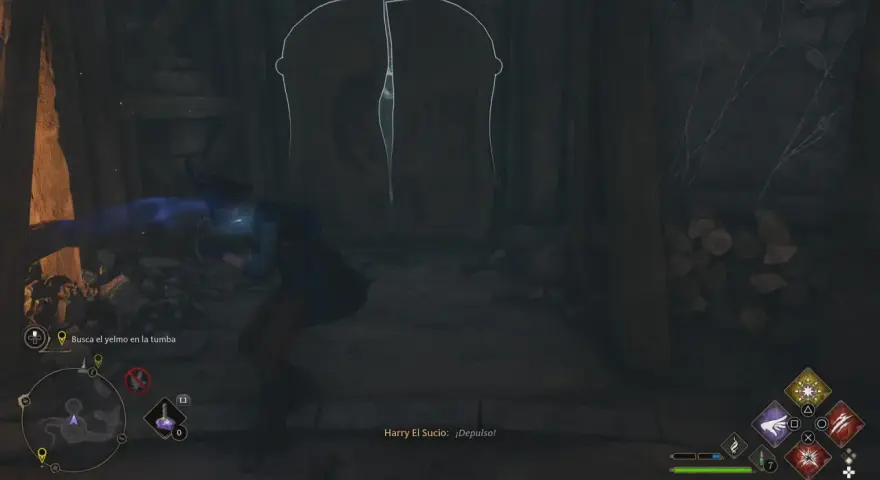 Un mago busca el yelmo de Urtkot en una tumba oscura. Un hechizo azul sale de su varita hacia un objeto.