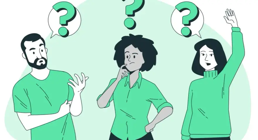 Drei Personen mit Fragezeichen über den Köpfen, die über den eigenanteil physiotherapie diskutieren.