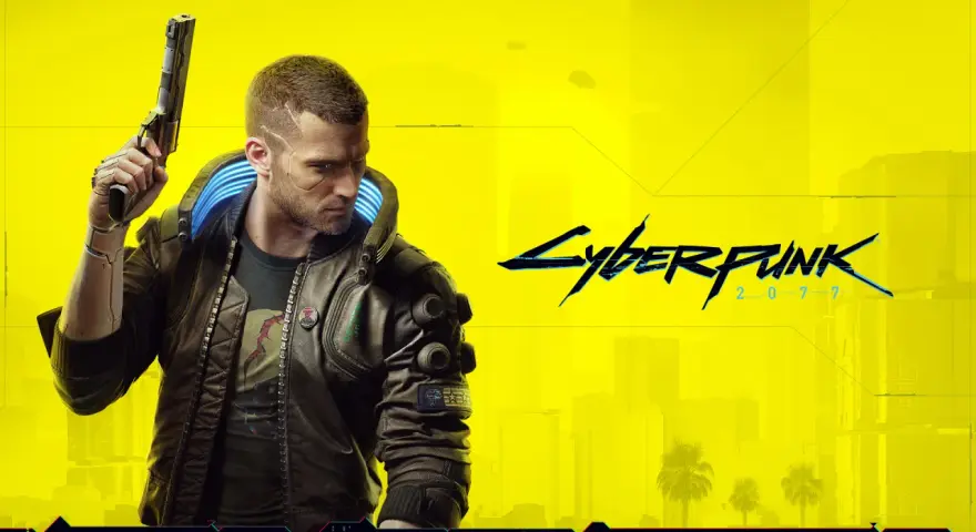 Un hombre con implantes cibernéticos y una chaqueta de cuero sostiene un arma. El logo de Cyberpunk 2077 aparece a la derecha. Ideal para tu **guía trofeos Cyberpunk 2077**.
