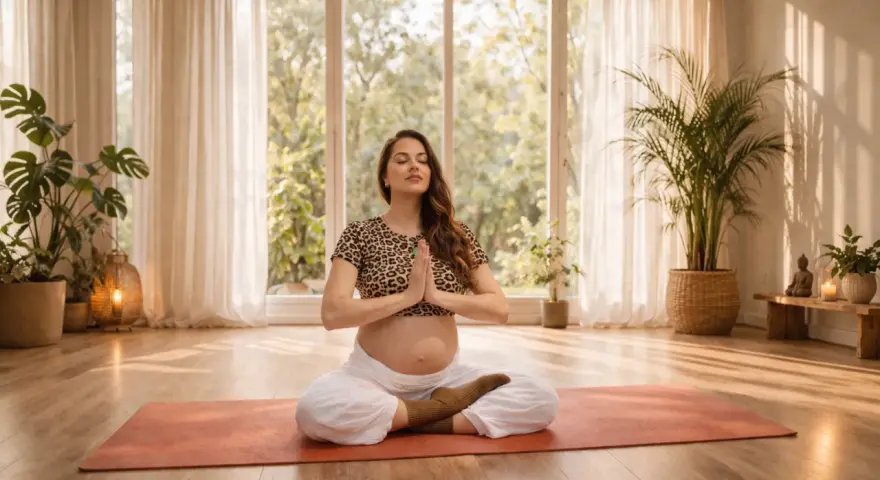 Schwangere Frau in Meditationshaltung auf einer Matte. Sanftes Licht und Pflanzen schaffen eine Atmosphäre der Entspannung in der Schwangerschaft.