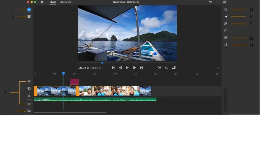 Edycja wideo w Adobe Premiere Rush: montaż ujęć z łodzi na tle wysp.