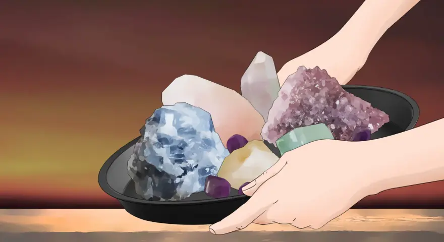 Manos sostienen un plato con cristales de colores, listos para limpiar piedras con sal en luna llena.