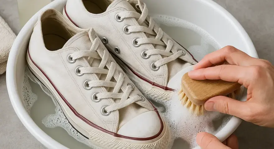 Manos limpian zapatillas blancas con cepillo en agua jabonosa. Aprende como lavar zapatillas blancas y que no queden amarillas.