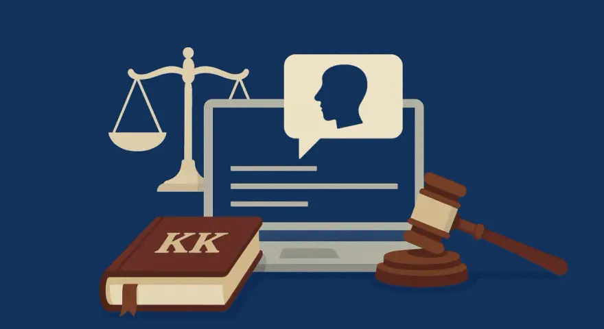 Prawo i sprawiedliwość w erze cyfrowej. Ilustracja przedstawia wagę, księgę z napisem "KK" i komputer z dymkiem, symbolizującym dyskusję. Czy to zniesławienie co to?
