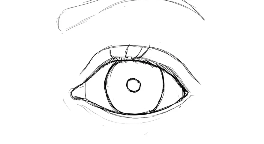 Un croquis au crayon d'un œil ouvert, avec un sourcil arqué au-dessus.